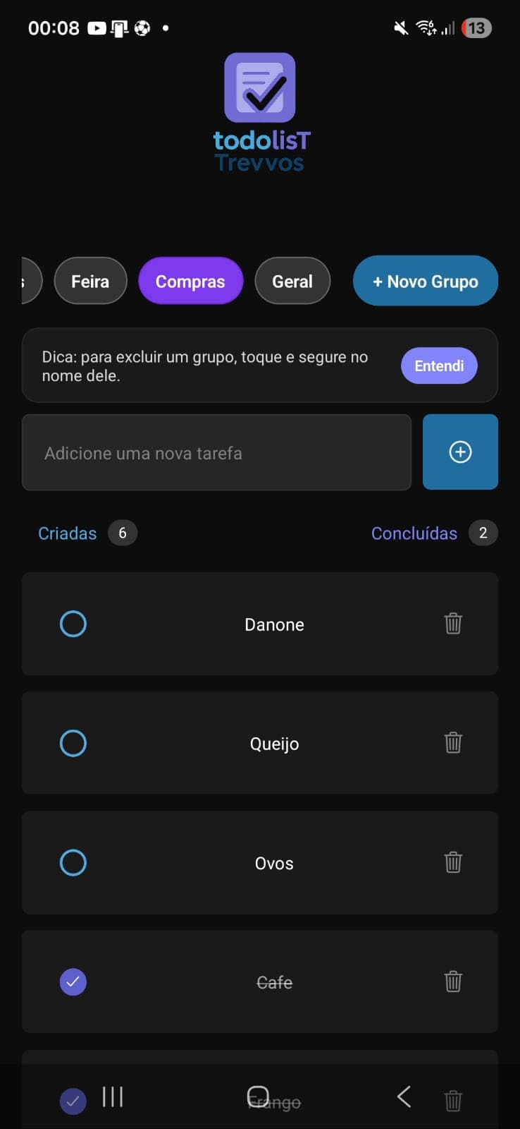 Tela do app To-do List Trevvos